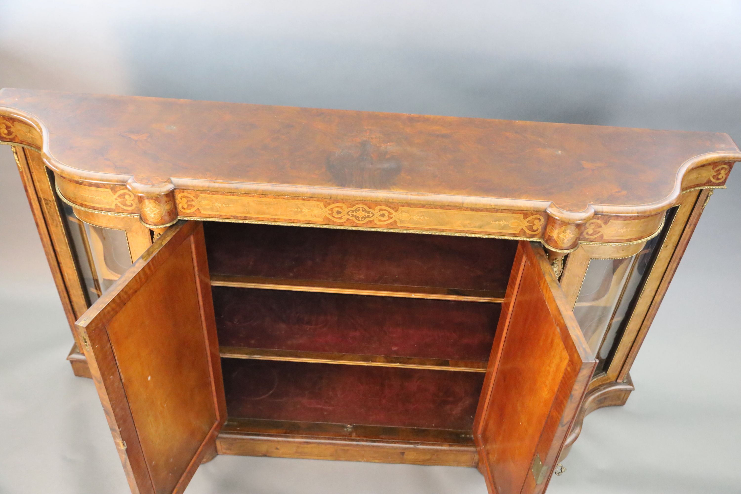 A Victorian figured walnut and marquetry side cabinet, W.6ft 6in. D.1ft 5in. H.3ft 6in.